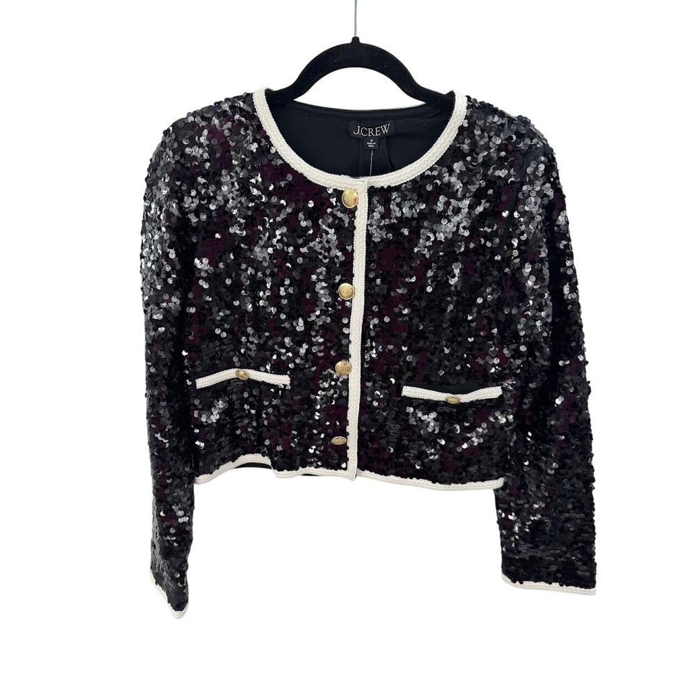 J.Crew Sequin Lady Jacket Black White Contrast Gold Button CF475 M NEW - Picture 4 of 11